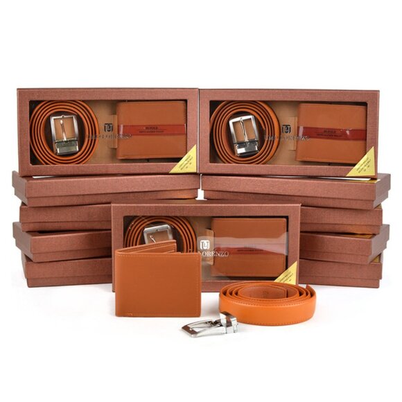 Men's Tan/Brown Leather Wallet & Belt Gift Set - NWT/NRFB - Picture 1 of 6